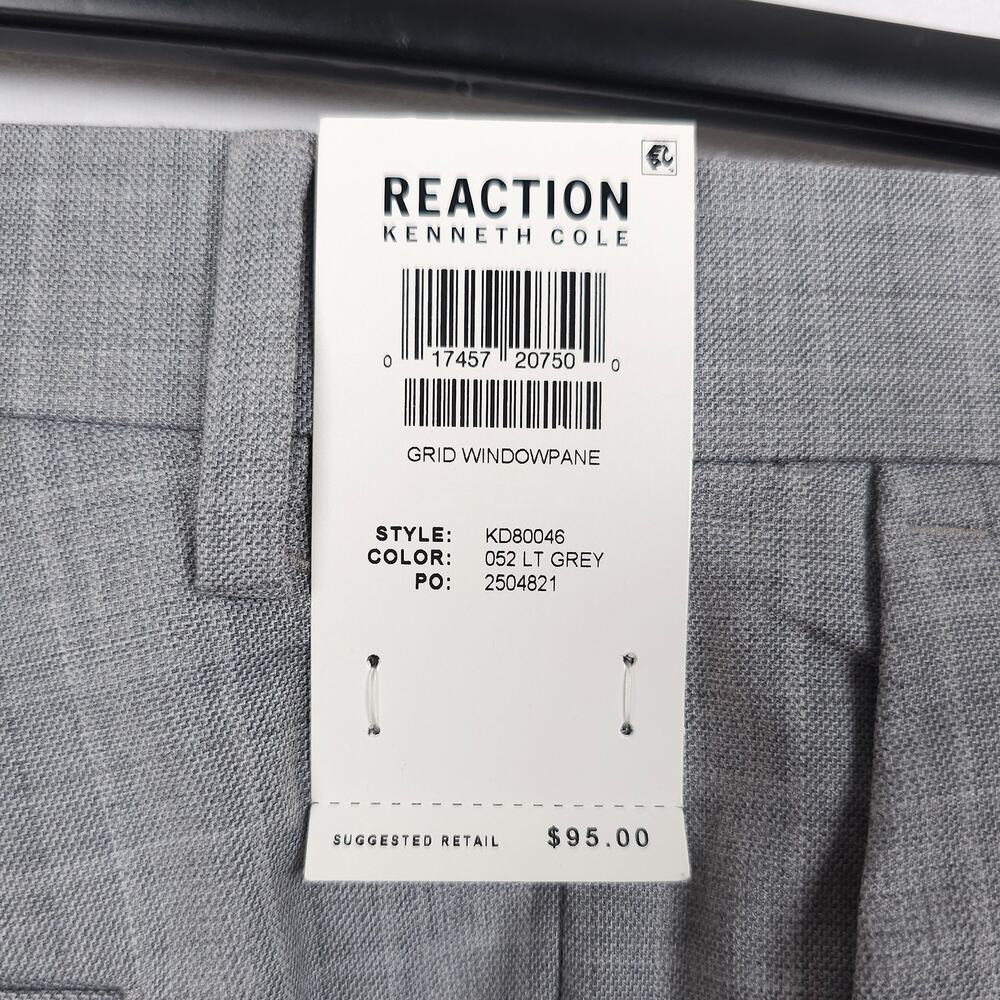 Kenneth Cole Reaction Mens Slim Fit Dress Pants 34x32 Light Grey Plaid Stretch - Picture 12 of 13